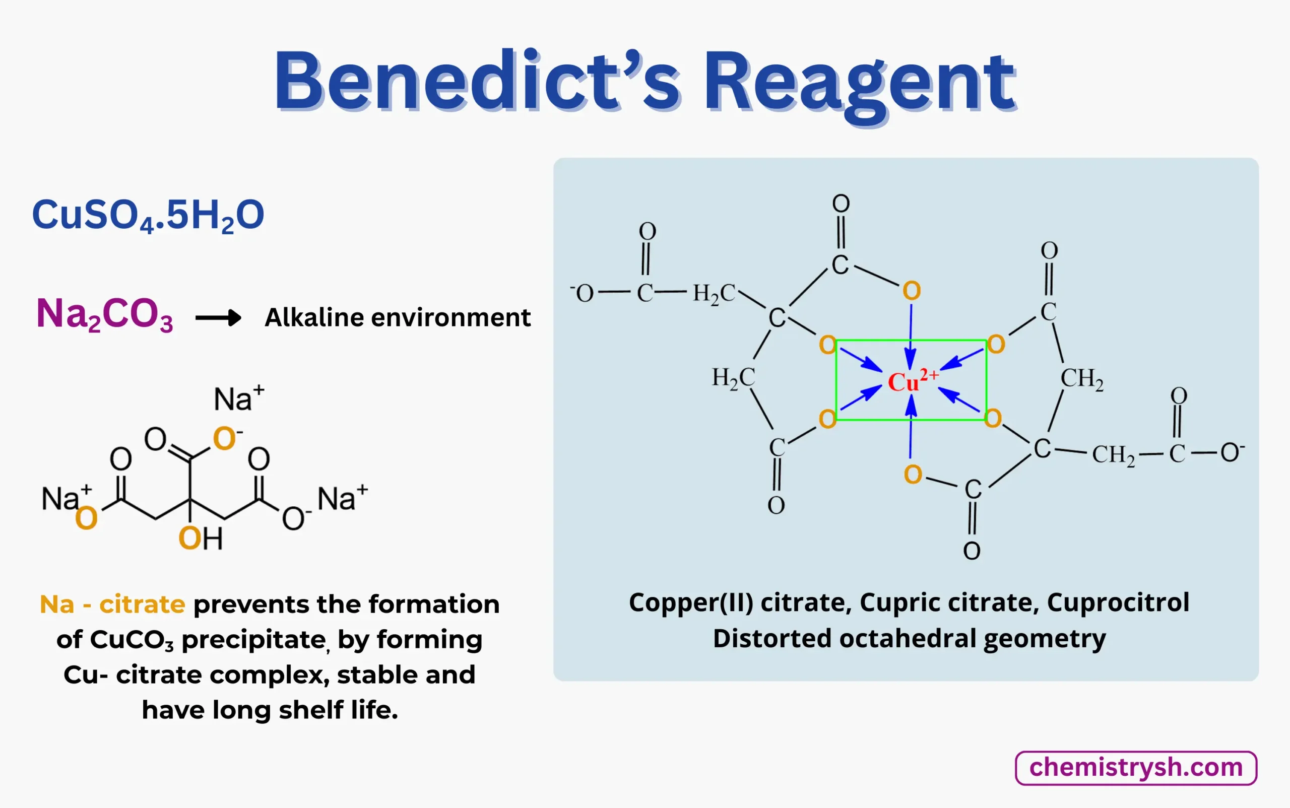 Composition of Benedict's reagent and explaing the role of Na-citrate, forming copper citrate complex.