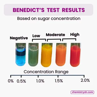 Test tubes illustrating the benedict's test result , highlighting different colour observation based on sugar concetration in sample.