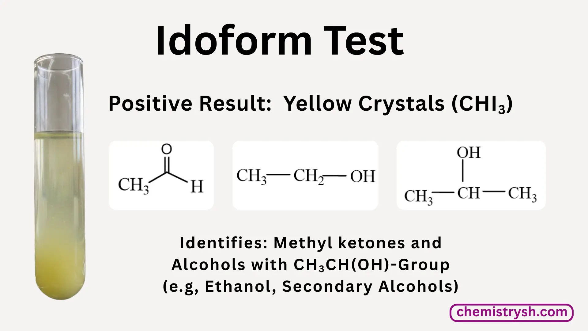 Test tube representing Idoform test with structures that give positve test result.