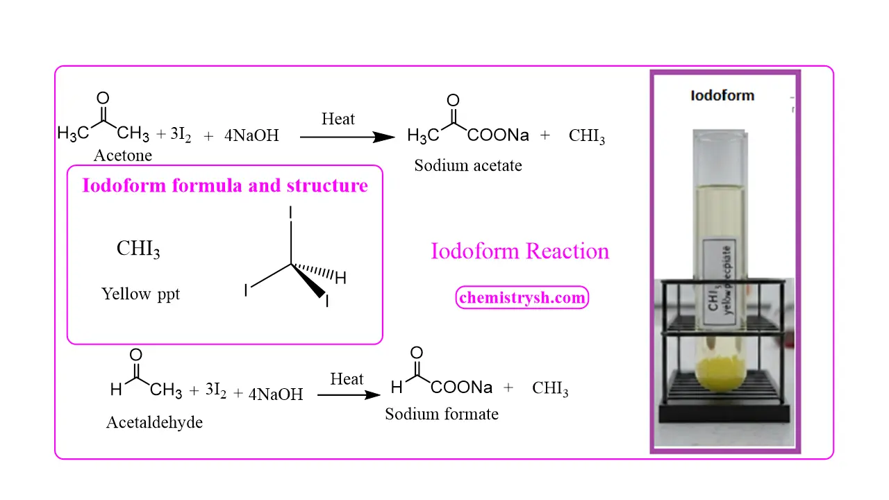 Iodoform reaction showing formation of yellow iodoform precipitate (CHI₃) in organic chemistry