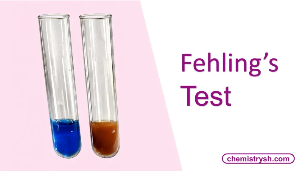 Two laboratory test tubes showing Fehling’s test reaction, with one tube containing blue copper(II) solution and the second tube showing a brownish-red copper(I) oxide precipitate.