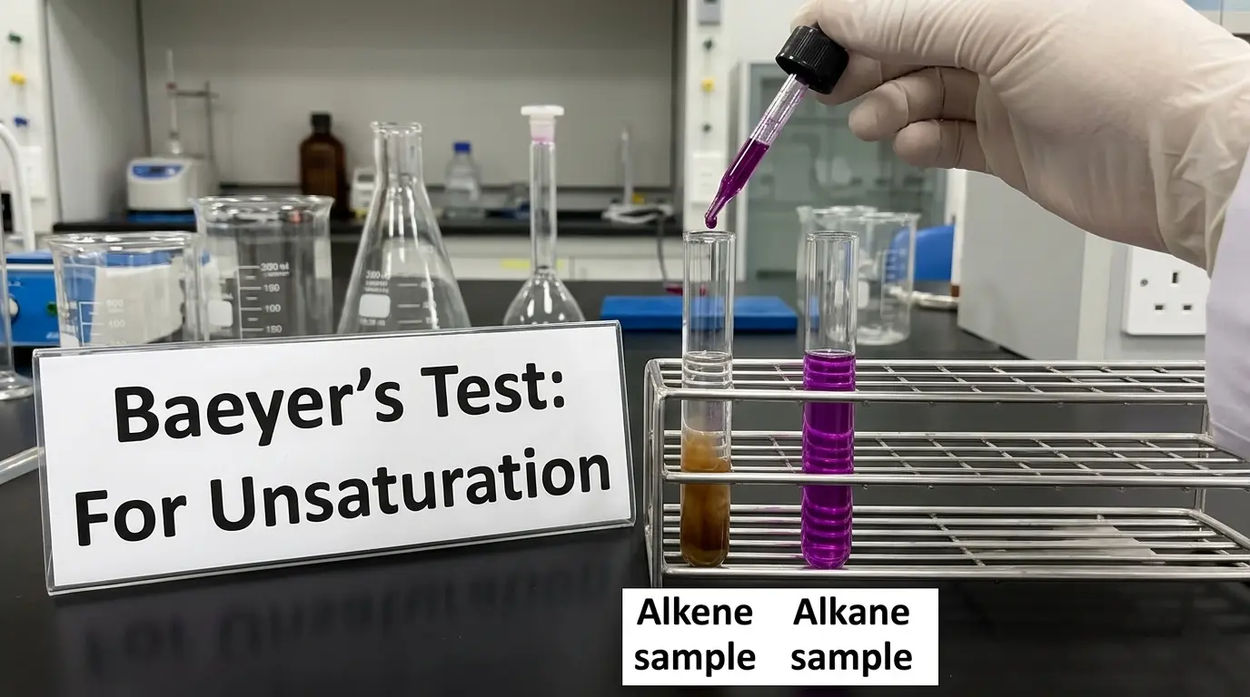 A laboratory bench displaying Baeyer’s test. A sign reads "Baeyer's Test: For Unsaturation." Two test tubes are in a rack: the left tube (labeled Alkene sample) shows a brown precipitate, indicating a positive result, while the right tube (labeled Alkane sample) remains bright purple. A gloved hand is using a dropper to add purple potassium permanganate solution into the alkene sample.