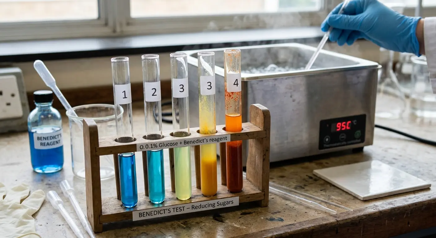 Five test tubes in a rack showing Benedict's test colors: blue, green, yellow, orange, and brick-red, with a bottle labeled "Benedict's Reagent" visible on the lab bench.