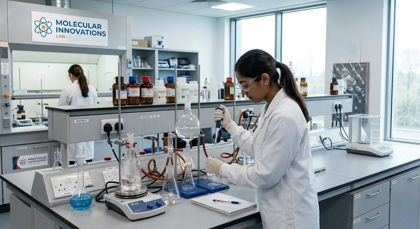 A student in a white lab coat uses a pipette in a bright, minimalist chemistry lab with modern glassware and a soft-focused researcher in the background.
