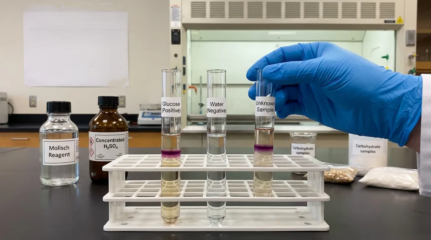 A glove-covered hand holds a test tube labeled "Unknown Sample" with a positive purple ring result for the Molisch test. The test tube is among a set of three in a rack, with other samples labeled "Glucose (Positive)" and "Water (Negative)". A bottle of Molisch Reagent and Concentrated H2SO4 are positioned in the foreground.
