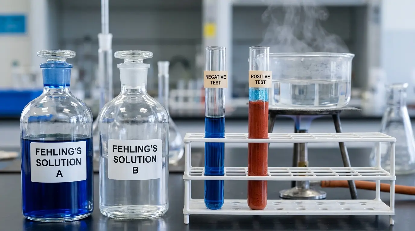 A chemistry laboratory setup showing Fehling’s Test. On the left are two glass reagent bottles labeled "Fehling's Solution A" (blue liquid) and "Fehling's Solution B" (clear liquid). In a white test tube rack, two tubes show the results: a "Negative Test" tube containing a deep blue solution and a "Positive Test" tube containing a thick brick-red precipitate.