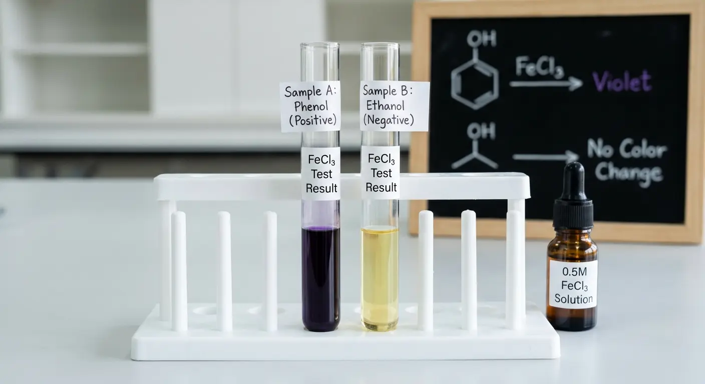 A laboratory setup showing two test tubes in a white rack. The left tube contains a deep violet solution labeled "Sample A: Phenol (Positive)," and the right tube contains a yellow solution labeled "Sample B: Ethanol (Negative)." A small amber dropper bottle of 0.5M FeCl3 solution stands to the right.