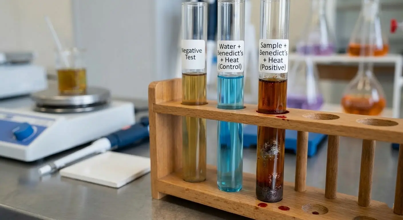 Close-up of three test tubes in a rack; the right tube shows a positive brick-red color change, the middle is blue, and the left is yellow-brown, illustrating a successful chemical color-change reaction.