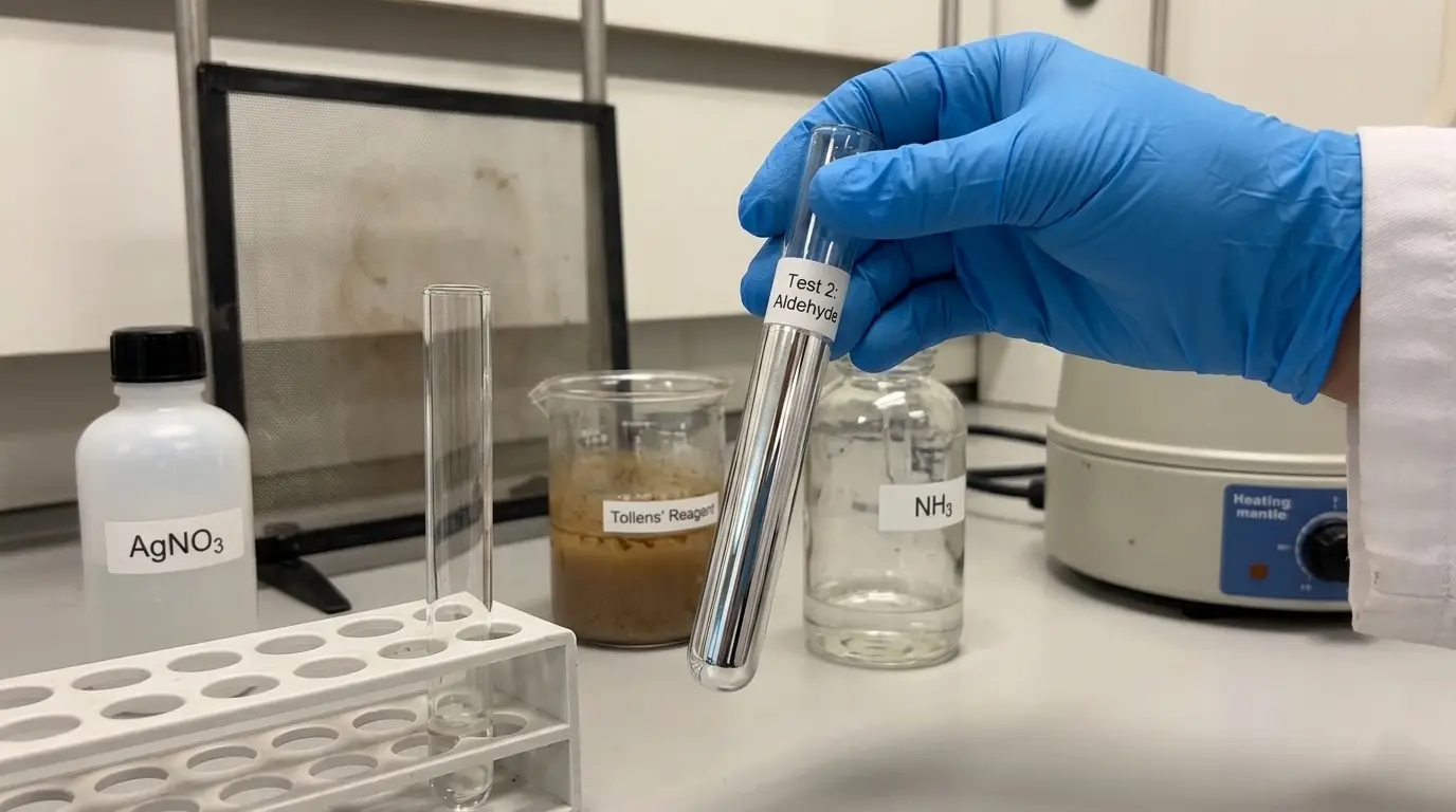 A laboratory setting showing a gloved hand holding a test tube that has a shiny, reflective silver coating on the inner surface, indicating a positive Tollens' test. In the background, chemical bottles labeled AgNO3, Tollens' Reagent, and NH3 are visible on a lab bench next to a heating mantle.