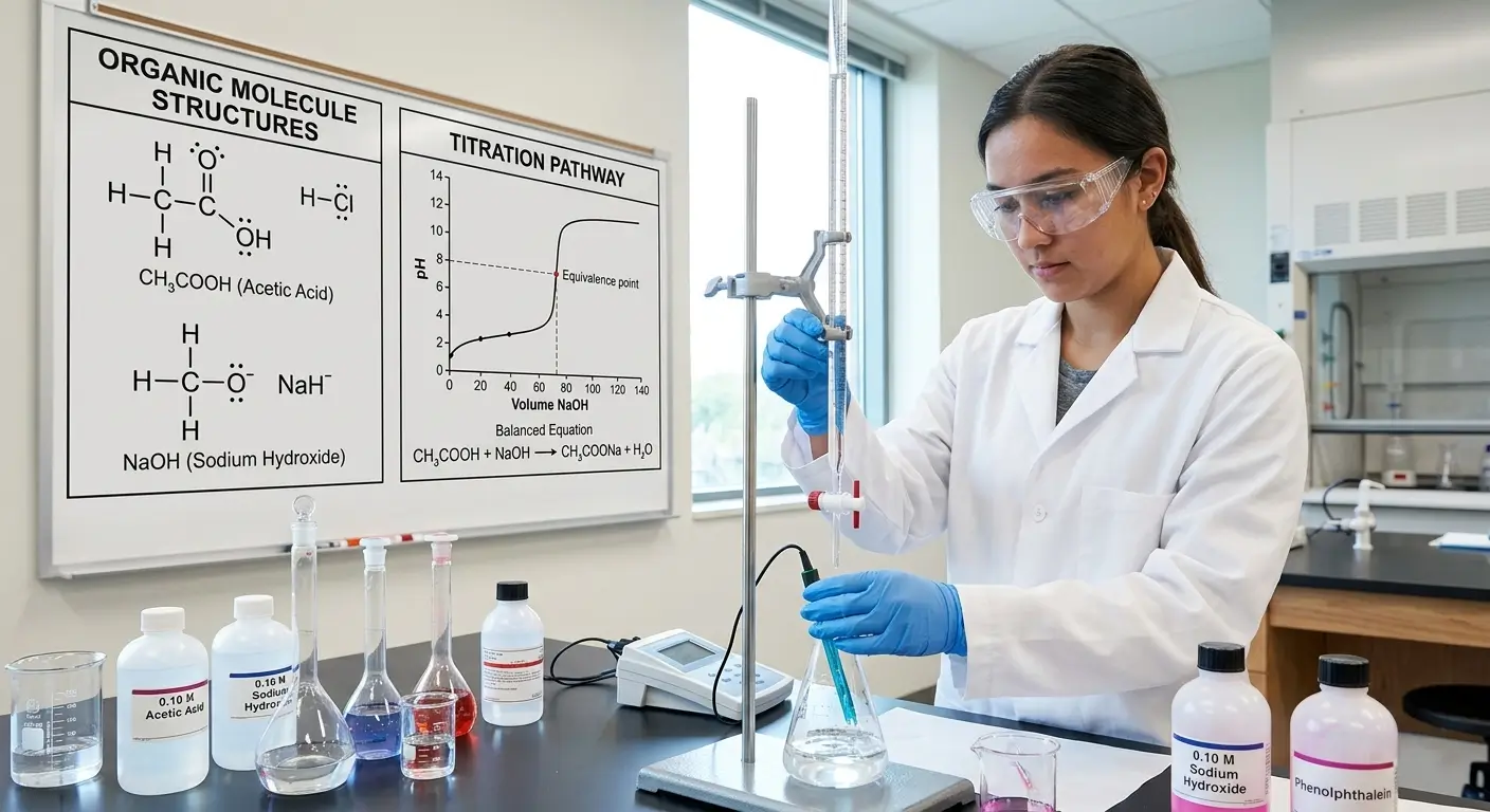 Student in a lab coat and safety gear performs a titration using a burette and pH meter.