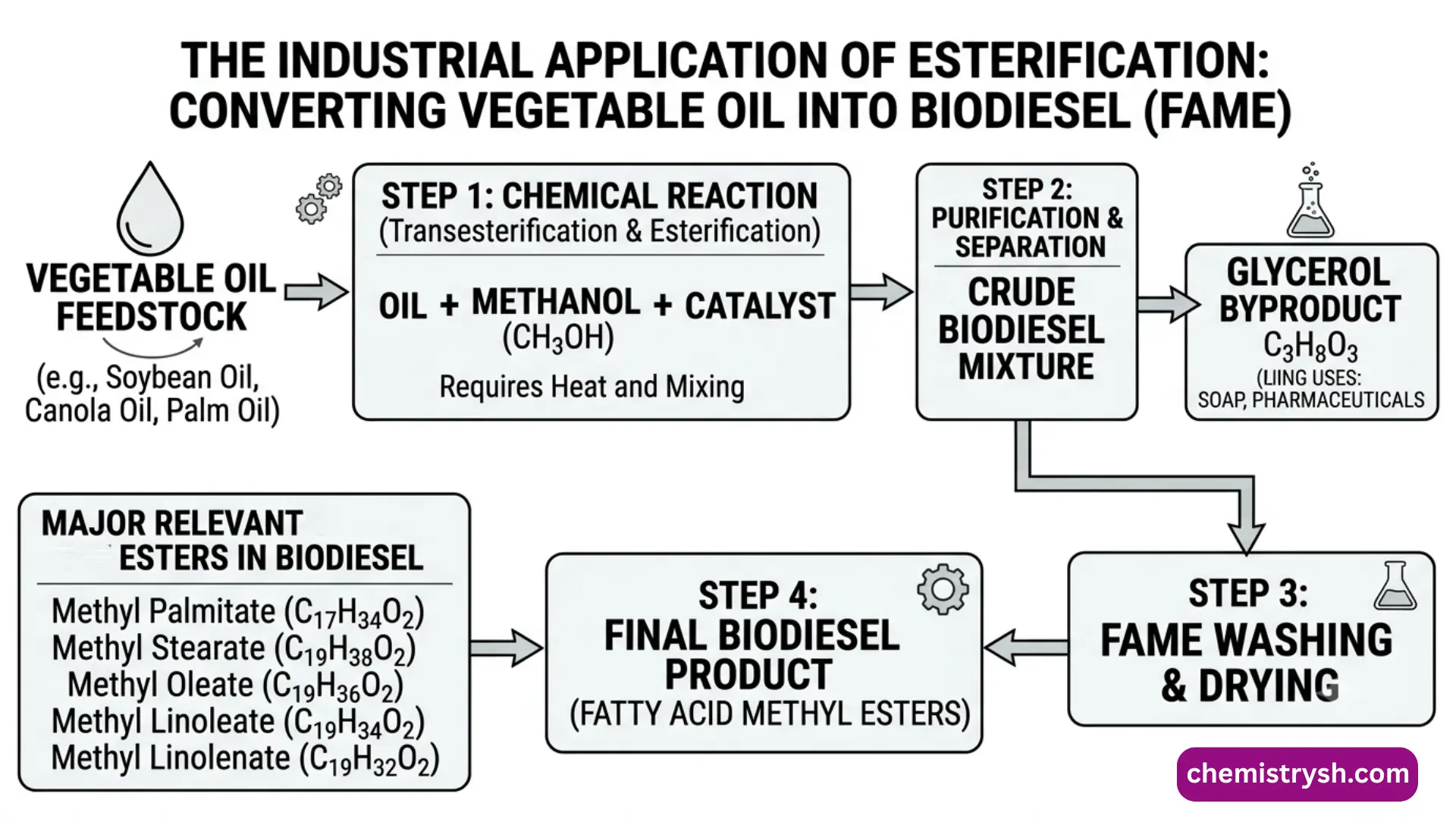 Converting vegetable oil to biodiesel (Industrial application of esterification).