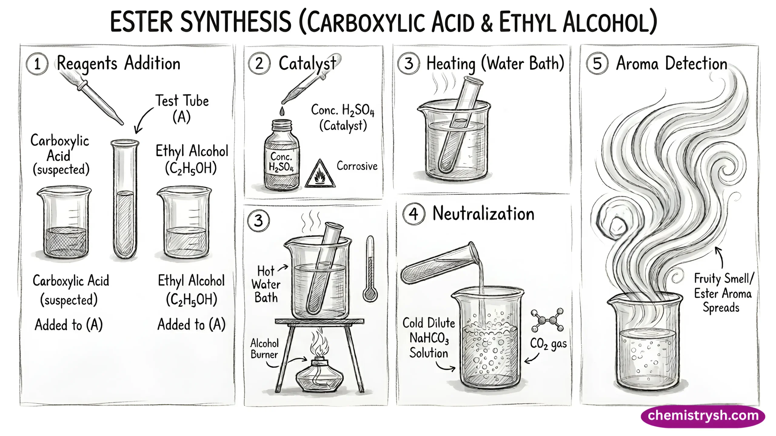 Step by step procedure for esterification.