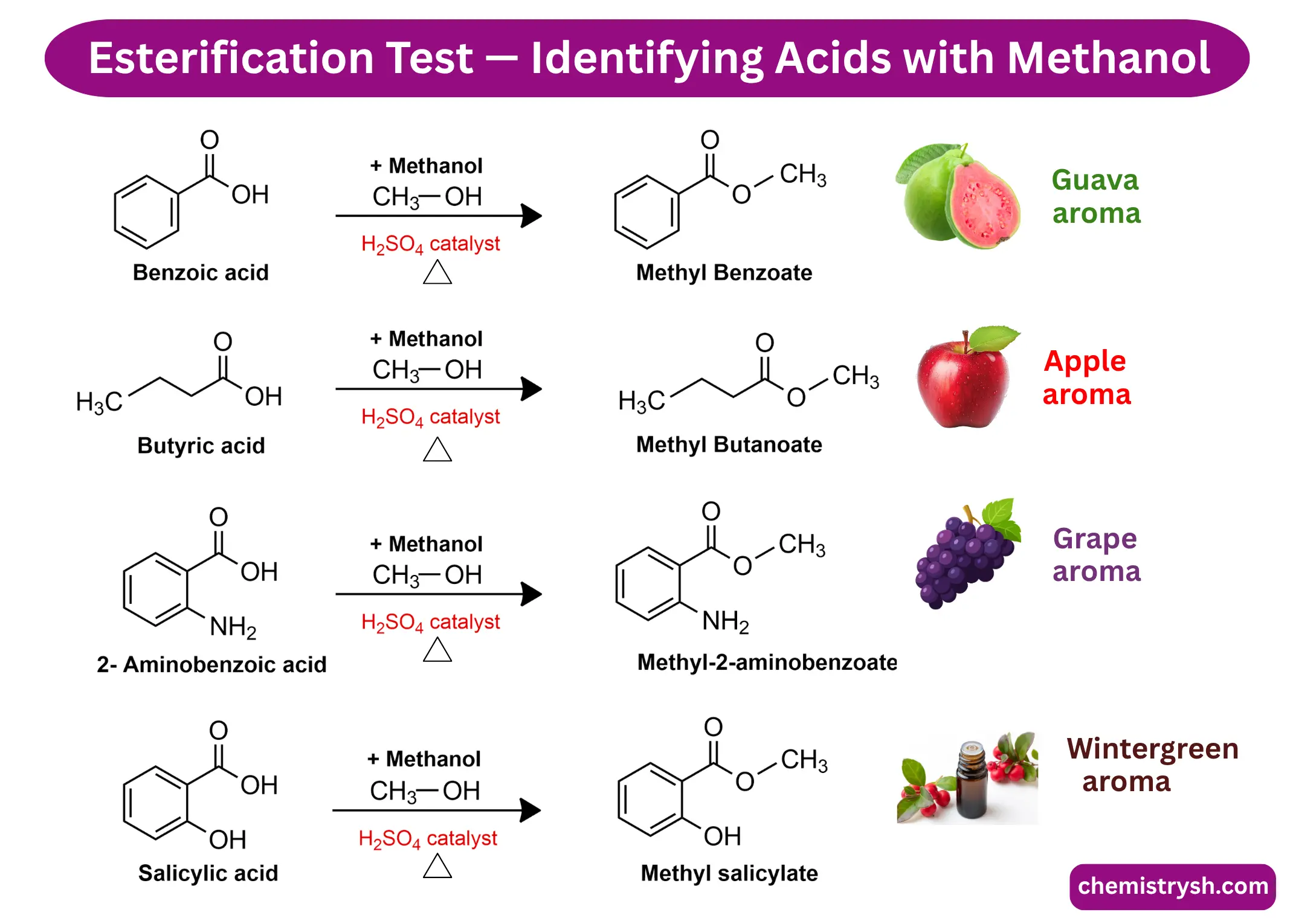 Esterification diagram showing methanol reacting with different acids to produce four fruit-scented esters. Used to identify unknown acids in organic chemistry practical tests.