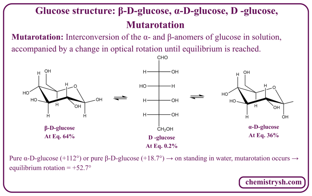 Mutarotation of glucose shown as β-D-glucose chair form (64% at equilibrium) interconverting through the open-chain D-glucose Fischer projection (0.2%) to α-D-glucose (36%), with specific rotations +18.7°, and +112° reaching equilibrium at +52.7°.